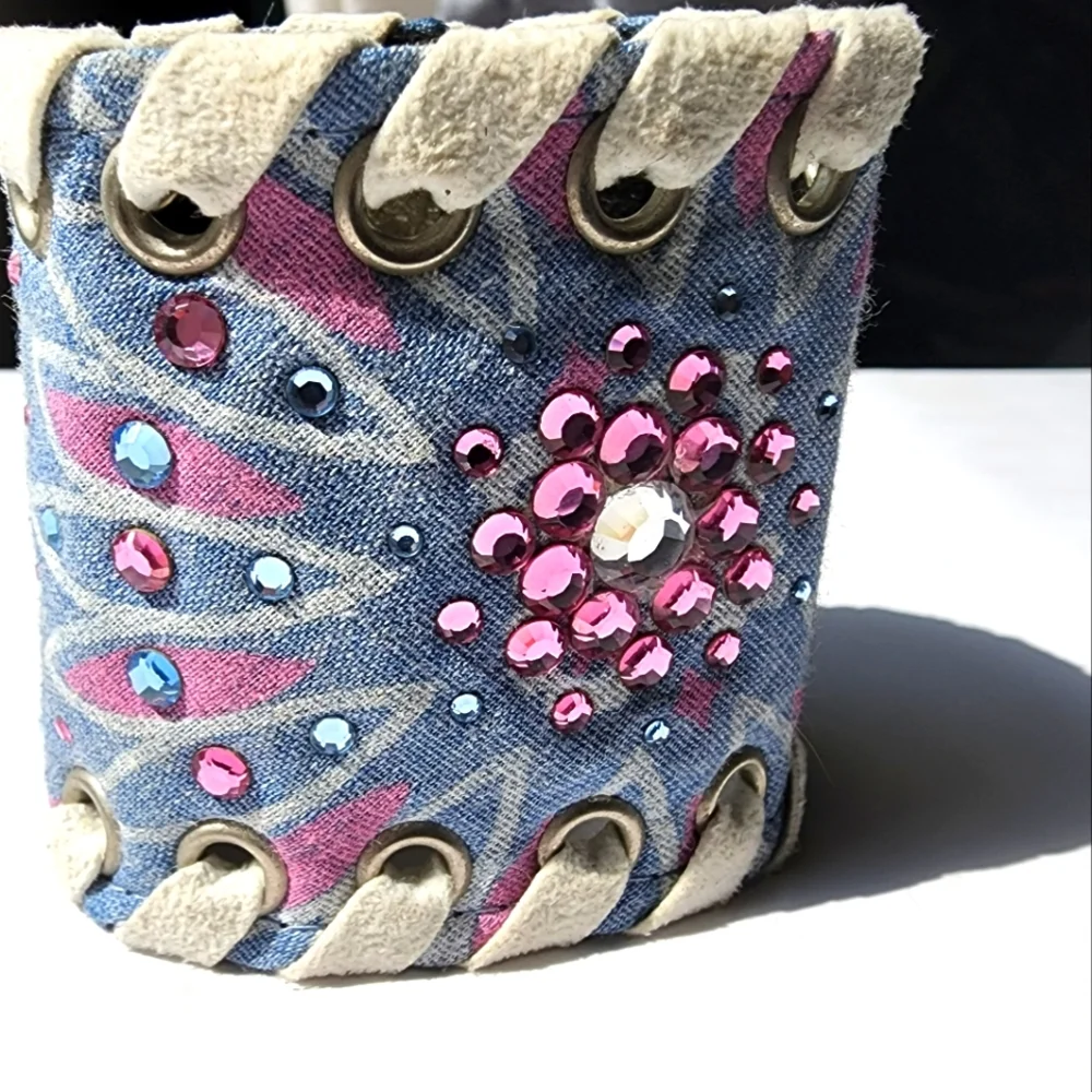OOAK Textile blue, hot pink rhinestone and suede band snap button bracelet,